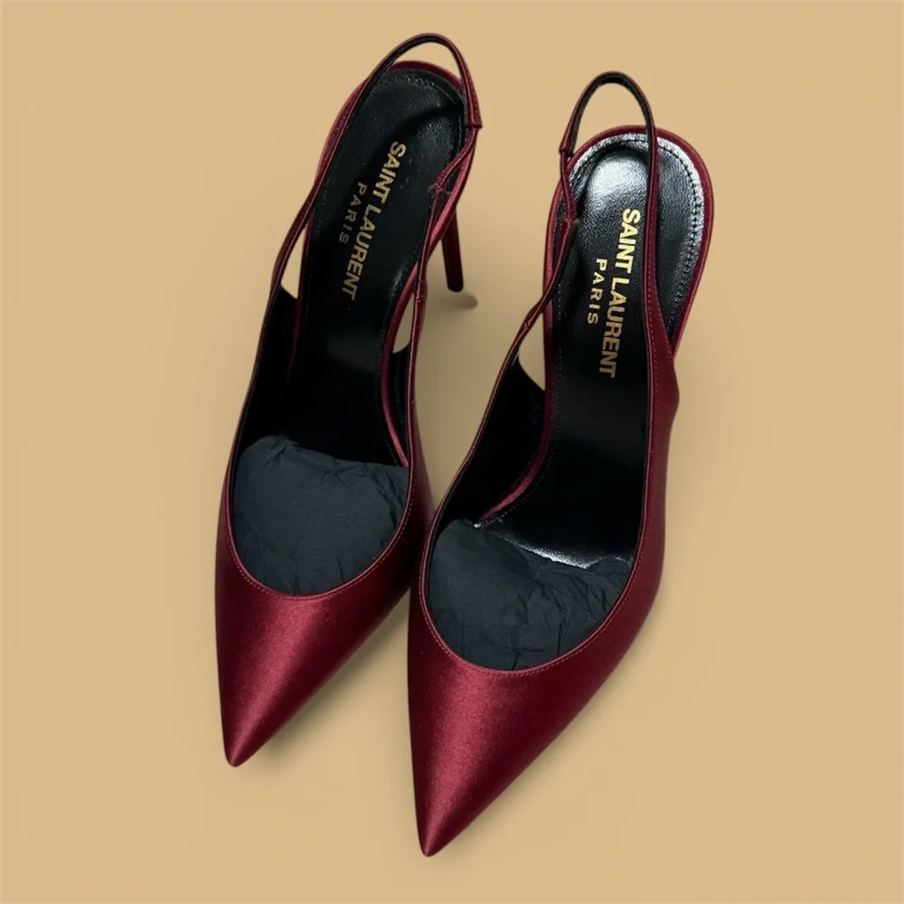 Saint Laurent Burgundy Satin Pointed-Toe Slingback Heels